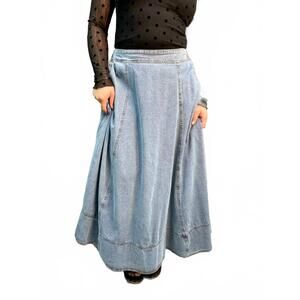 NEW IN FEBRUARY washed denim favorite flair midi skirt with contrast stitch in b